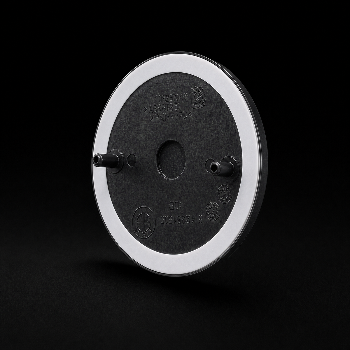 Badge side profile mounting view — pin depth and tape ring, OEM-style backing